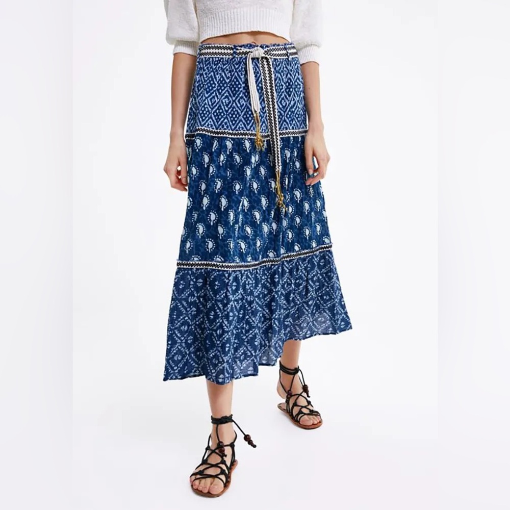 NWT ZARA Blue Bohemian Long Gypsy Belted Skirt